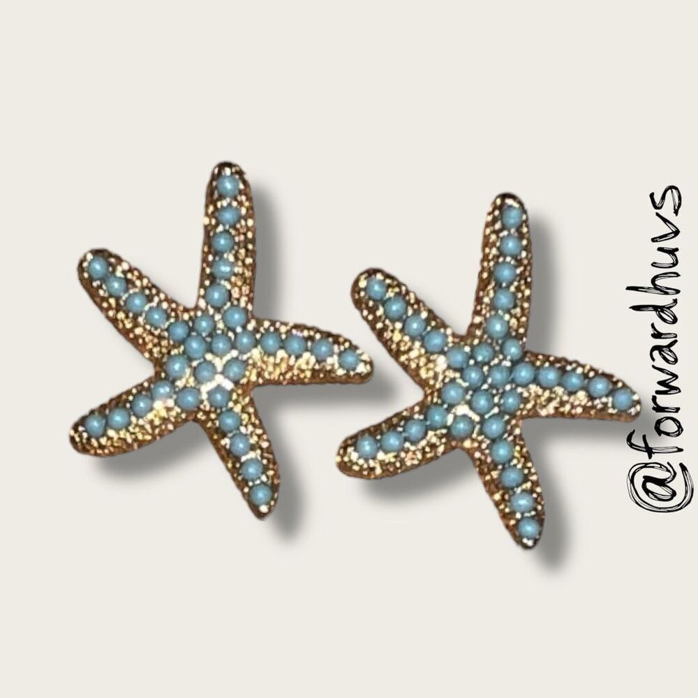 Bundle Sale 3 for $15 | Gold Tone Starfish Stud Earrings with Blue Highlights